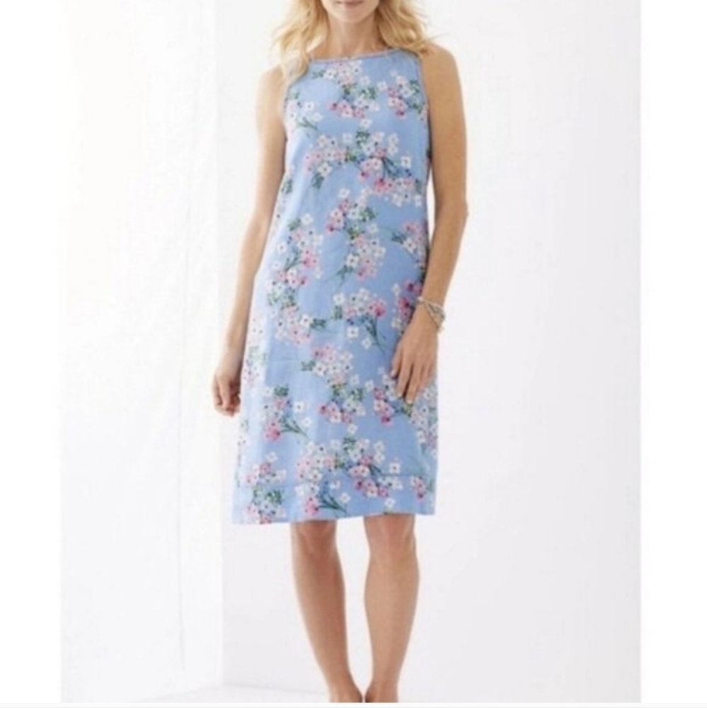 J.Jill Love Linen Blue Floral Sleeveless Popover Shift Dress Size Medium
